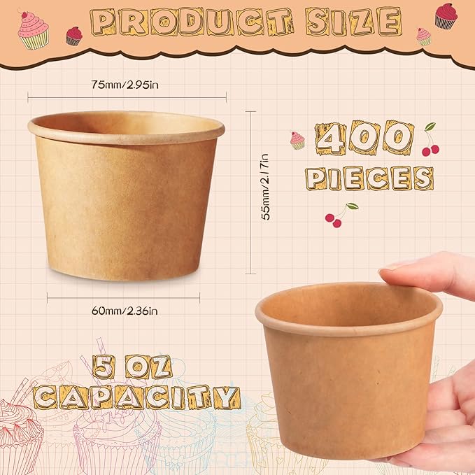 Honeydak 400 Pack 5 oz Kraft Paper Ice Cream Cups for Party Small Ice Cream Cups Disposable Treat Paper Cups Dessert Snacks Sundae Yogurt Container Wedding Birthday Party Supplies (150 ml/ 5 oz)