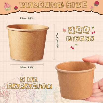 Honeydak 400 Pack 5 oz Kraft Paper Ice Cream Cups for Party Small Ice Cream Cups Disposable Treat Paper Cups Dessert Snacks Sundae Yogurt Container Wedding Birthday Party Supplies (150 ml/ 5 oz)