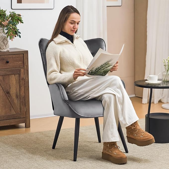 Furniliving Velvet Accent Chair for Living Room, Upholstered Reading Chair with High Backrest, Tufted-Button Wingback Armchair for Bedroom, Dressing Room, Home Office, Light Grey, Set of 2