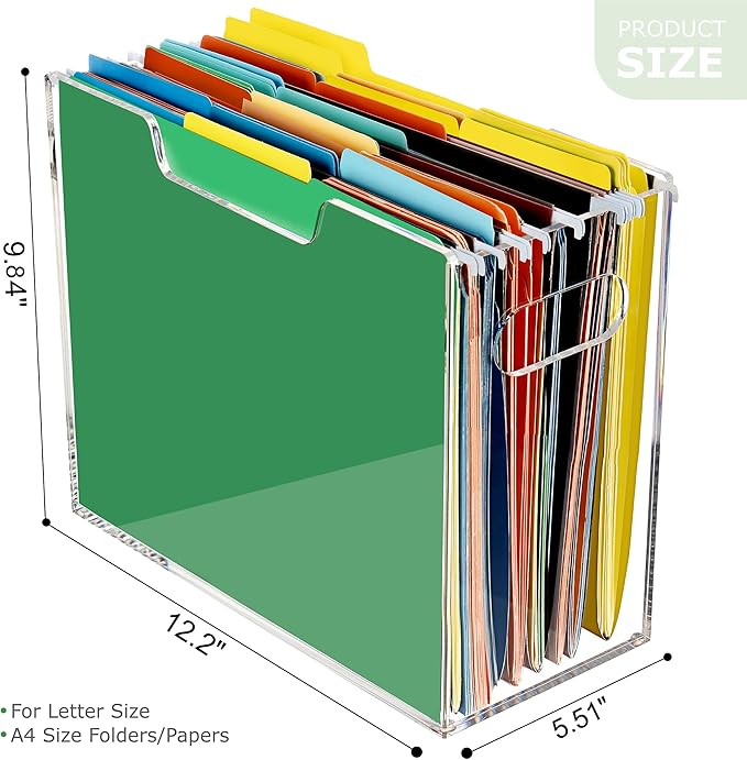 DINGHUO Acrylic Letter Size Hanging File Folder Organizer Box, Clear Portable File Storage Box with Handles, Desktop File Holder for Home, School -1 Pack