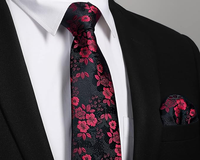 HISDERN Men Floral Ties Woven Classic 3.4" Necktie Set Formal Tie Pocket Square for Wedding with Handkerchief Gift Box
