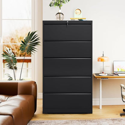 5-Drawer Lateral File Cabinet with Lock, Black Metal Filing Cabinet for Office or Home – Secure Storage for Letter/Legal/A4/F4 Documents, Easy to Assemble Locking File Organizer (Black, 5 Drawer-64"H)