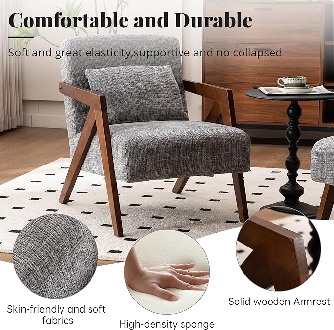 Mid Century Modern Accent Chair with Solid Wood Frame，Upholstered Chenille Living Room Arm Chairs with Pillow for Bedroom, Living Room, Reading Room, Balcony (1, Grey)