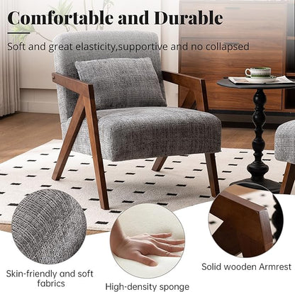 Mid Century Modern Accent Chair with Solid Wood Frame，Upholstered Chenille Living Room Arm Chairs with Pillow for Bedroom, Living Room, Reading Room, Balcony (1, Grey)