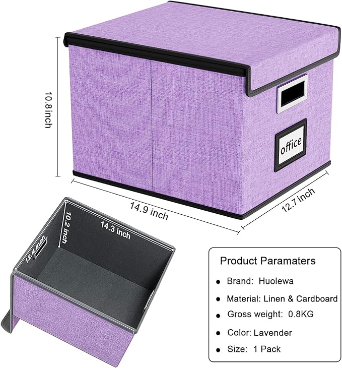 Huolewa Decorative File Organizer Storage Box with Lid, Linen Hanging Filing & Storage Box with Plastic Slide for Office/Decor/Hom, Universal Hanging Filing Organization Box for Letter/Legal Folder