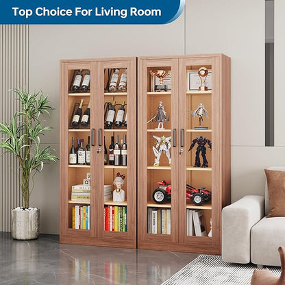 Display Storage Cabinet with Glass Door, 71 Inches Metal Curio Cabinet with 4 Adjustable Shelves, Locking Glass Display Case for Home, Office, Clinic, Pantry, Assemble Required (Wood Color)