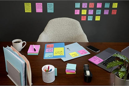 Post-it Super Sticky Notes, 3x3 in, 3 Pads, 2X The Sticking Power, Supernova Neons, Bright Colors, Recyclable (3321-SSMIA)
