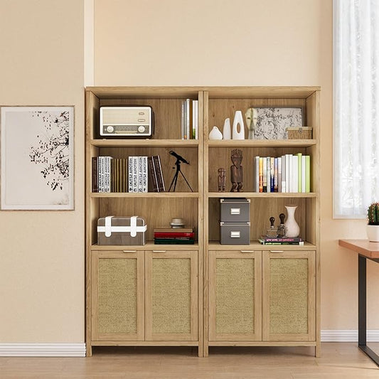 Bookshelf, 71" Tall Bookcase with Doors, 5 Tier Wooden Bookshelf Open Shelf Bookcase, Modern Farmhouse Bookshelves for Office, Library, Living Room (Set of 2)