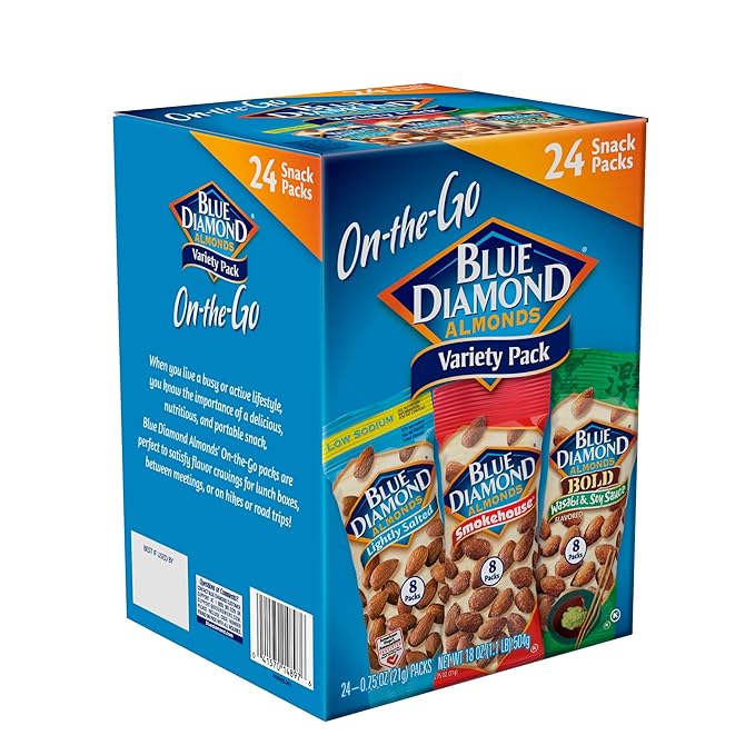 Blue Diamond Almonds Snack Nut Variety Pack for Kids, Office, School, On-the-go, 0.75 oz Gluten Free Individual Packs, Wasabi & Soy Sauce, Lightly Salted, and Smokehouse (Pack of 6,144 Count Total)