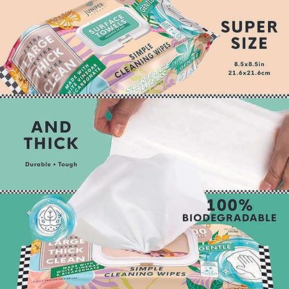 6 Packs Surface Cleaning Wipes Bleach Free, Thick & Large Dispose, All-Purpose Cleaner for Bathroom, Kitchen, Office, 600 Count Soft Flow, Biodegradable, Juniper Scent