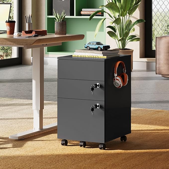 DEVAISE 3 Drawer File Cabinet with Lock, Small Rolling Filing Cabinet Under Desk, Wood Office Drawers Fits Letter/Legal/A4 Size Folders, Black