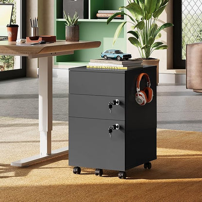 DEVAISE 3 Drawer File Cabinet with Lock, Small Rolling Filing Cabinet Under Desk, Wood Office Drawers Fits Letter/Legal/A4 Size Folders, Black