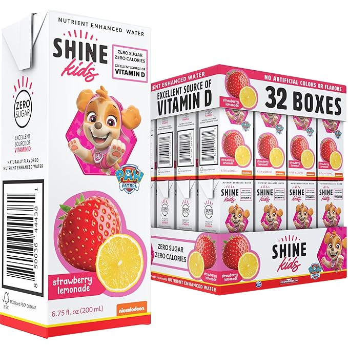 ShineWater Kids x Paw Patrol Vitamin D Strawberry Lemonade Juice Boxes | No Added Sugar | Naturally Flavored Drink for Kids | Vegan Gluten Free Hydration | 32 Pack
