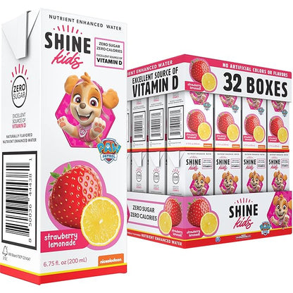 ShineWater Kids x Paw Patrol Vitamin D Strawberry Lemonade Juice Boxes | No Added Sugar | Naturally Flavored Drink for Kids | Vegan Gluten Free Hydration | 32 Pack