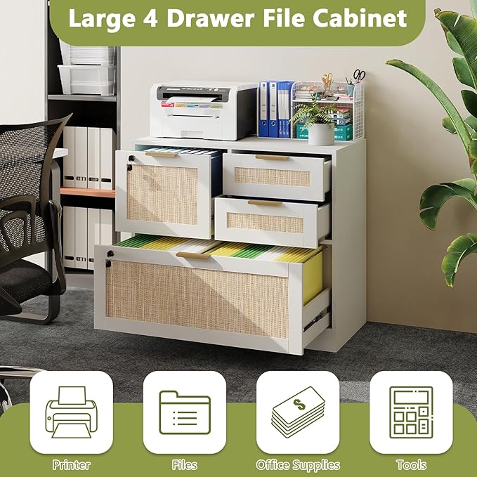 HOPUBUY Lockable 4 Drawers File Cabinet, Lateral Filing Cabinet with Printer Stand for Home Office and School, Wood Rattan File Cabinet for Hanging Files/Letter/Legal/A4/F4 Size, Oak Color (White)