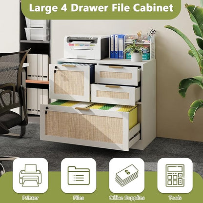 HOPUBUY Lockable 4 Drawers File Cabinet, Lateral Filing Cabinet with Printer Stand for Home Office and School, Wood Rattan File Cabinet for Hanging Files/Letter/Legal/A4/F4 Size, Oak Color (White)