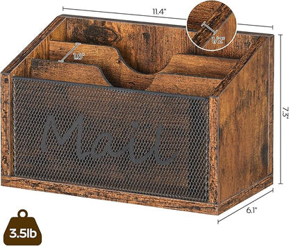Mail Organizer Countertop, Mail Holder with 3 Slots, Mail Sorter for Desk, Wooden Office Desk Organizer, Mail Organizer for Magazines, Files, Papers, Folders, Rustic Brown and Black MR03BR