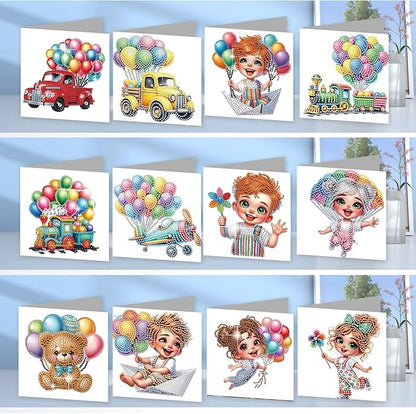 jinglinhh 12pcs Diamond Art Painting Balloon Pickup Truck Train Greeting Cards with Envelopes, DIY Card Making Kits for Adults, Diamond Art Christmas Cards for Birthday Holiday Postcards Craft Gifts