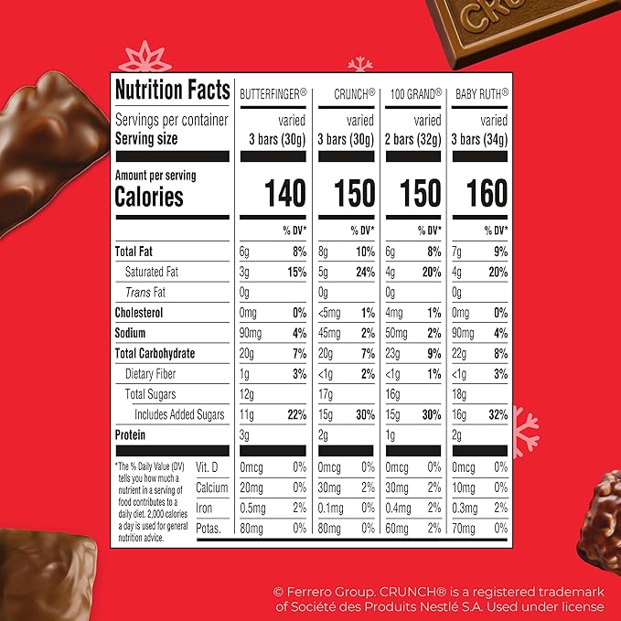 Butterfinger, CRUNCH, Baby Ruth, 100 Grand Assorted Fun-Size Bars, Individually Wrapped Holiday Candy, 80 Count, 30.5 oz