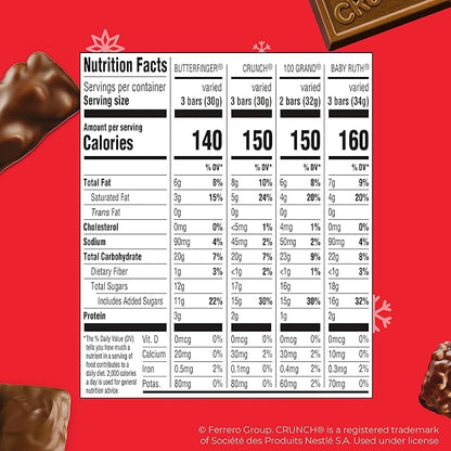 Butterfinger, CRUNCH, Baby Ruth, 100 Grand Assorted Fun-Size Bars, Individually Wrapped Holiday Candy, 80 Count, 30.5 oz