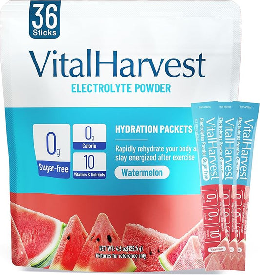 VitalHarvest 36 Sticks Electrolytes Powder Packets No Sugar Hydration Packets Electrolyte Liquid Daily IV Drink Mix with Watermelon, Low Sodium, 0 Calorie