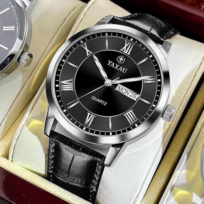 Mens Watches Luxury Dress Waterproof Leather Watch with Date Day Analog Quartz Large Number Wrist Watch Casual Classic Luminous Scales Big Face Easy Read Reloj para Hombre