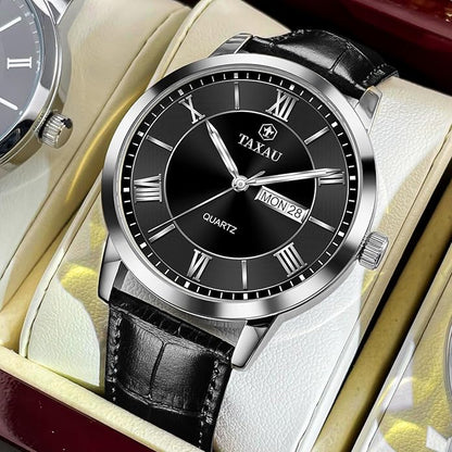 Men's Watch Big Face Easy Read Arabic Numeral Dress Watches for Men Classic Black Brown Leather Band Analog Mens Wrist Watch with Day and Date Fashion Business Waterproof Luminous Quartz Watch