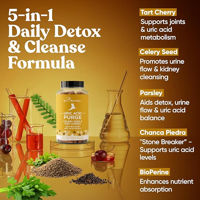 Purge Uric Acid Flush – Eat & Drink What You Want – Detox and Cleanse with Celery Seed Extract, Tart Cherry & Chanca Piedra for Effective Joint Support & Active Mobility – 60 Soft Vegan Capsules