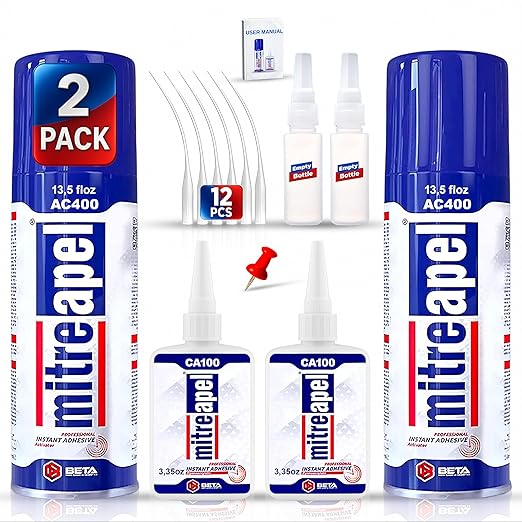 MITREAPEL CA Glue with Activator Kit 2x3.5oz-2x13.5fl oz Instant Bond Professional Cyanoacrylate Adhesive and Super Glue Accelerator for Woodworking with Extra Caps&Microtips,DIY&Craft, Plastic,Repair