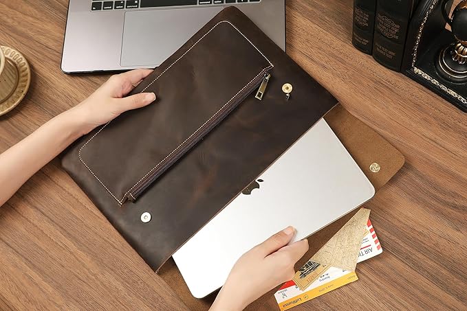 Genuine Leather Sleeve for 13/14/15-in MacBook Pro & MacBook Air, Slim Protective Laptop Case, Folio Document Organizer Leather Folder Portfolio-Dark Kahki