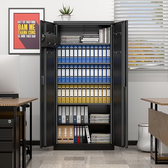 Metal Storage Cabinet with 2 Doors and 5 Adjustable Shelves, 71" H×32" W×16" D Garage Storage Cabinet with Pegboard for Garage,Office,Home,Gym,School, Lockable File Cabinet, Black