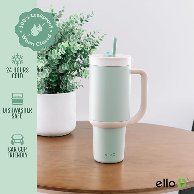Ello Oasis 40 oz Tumbler with Handle & Retracting Straw | Reusable Insulated Stainless Steel Cup 100% Leakproof, Gifts for Teens Women Men | Keeps cold for 20 Hours, Cup Holder Friendly, Pistachio