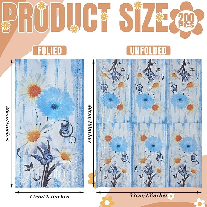 Karenhi 200 Pcs Blue Floral Napkins 2 Ply Daisy Disposable Hand Towels for Bathroom Flower Disposable Napkins Summer Decorative Disposable Napkins Paper Hand Towel for Baby Shower Birthday Party