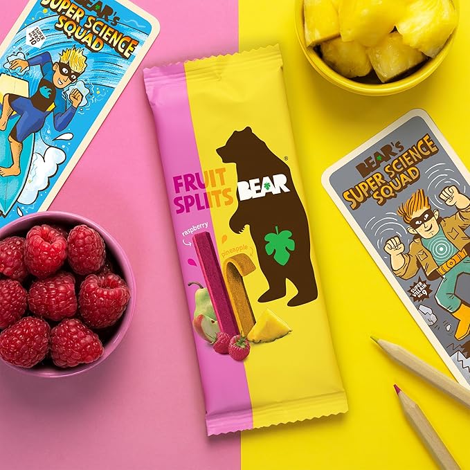 BEAR Real Fruit Snack Splits - Gluten Free, Vegan, and Non-GMO - Raspberry and Pineapple – Healthy School And Lunch Snacks For Kids And Adults, 0.7 Ounce (Pack of 18)