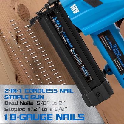 Cordless Brad Nailer with Battery, 2-In-1 Electric Nail Gun/Staple Gun Drives 1600 Nails per Charge, 18 Gauge 5/8’’ to 2’’ Nails and 1/2’’ to 1-5/8’’ Staples