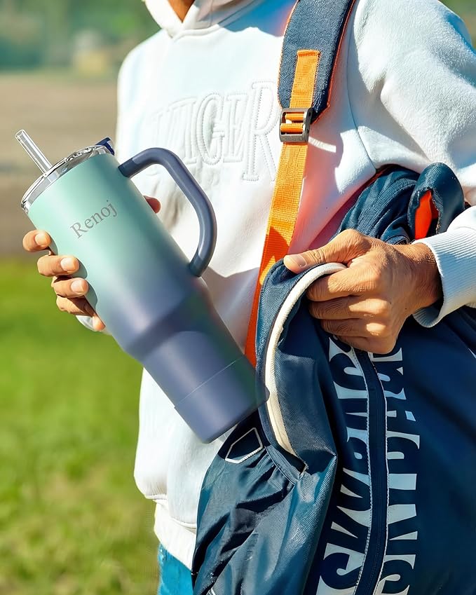 Renoj Tumbler with Handle 100% Leak Proof Insulated Water Bottle for Iced Coffee & Hot Drinks - Fits Car Cup Holder, Ideal Gift, 2 Straws & Silicone Boot BPA-Free - SnapShift Blue Gradient 40 oz
