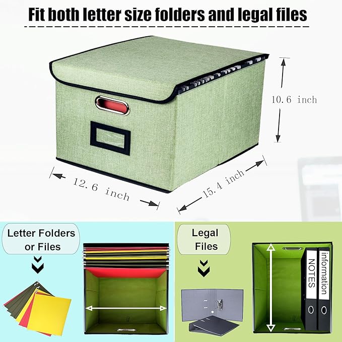 Collapsible File Organizer Box, filing Storage boxes for hanging files with lid, Linen Portable file folder box with handle, Decorative Document Storage Bin for Office/Home/School/Décor(Green)