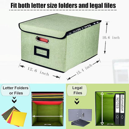 Collapsible File Organizer Box, filing Storage boxes for hanging files with lid, Linen Portable file folder box with handle, Decorative Document Storage Bin for Office/Home/School/Décor(Green)