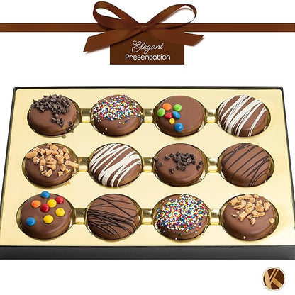 KREMERY Creamy Chocolate Cravings - Halloween Treats For Adults Chocolate Covered Sandwich Cookies & Cream Gift Basket, in Sectional Gift Box (12 Cookies, Assorted Sweet Toppings) Holiday Christmas