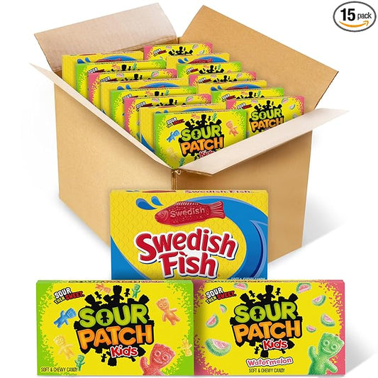 SOUR PATCH KIDS and SWEDISH FISH Soft & Chewy Candy Variety Pack, Bulk Candy, 15 Boxes