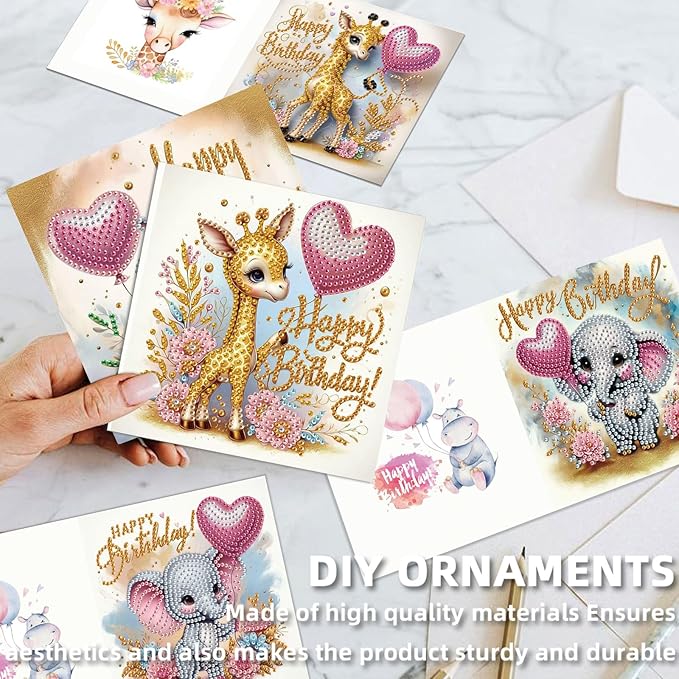 jinglinhh 12pcs Diamond Art Painting Birthday Bear Elephant Giraffe Flower Balloon Greeting Cards with Envelopes, DIY Card Making Kits for Adults, Diamond Art Postcards Christmas Cards Craft Gifts