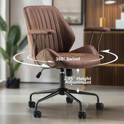 Mid Century Modren Office Chair - Fuax Leather Suede Brown Executive Chairs Ergonomic Mid Back with Lumbar Support, Swivel Computer Desk Task Chair with Wheels for Home Office (Dark Brown, Mid Back)