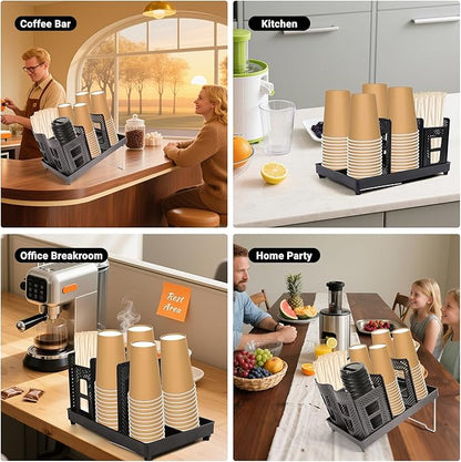 6 Slots Coffee Cup Holder for Countertop - Disposable Cup Holder with Foldable Stand, Paper Cup Dispenser with Mesh Baske for Coffee Station, Bar, Office, Home, Restaurant, Black