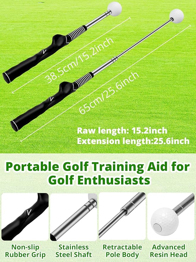 Retractable Golf Swing Trainer with Arm Band - Click Stick Golf Training Aid, Right-Handed Golf Swing Practice Stick for Chipping & Hitting, Portable Indoor Outdoor Golf Practice Stick