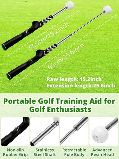 Retractable Golf Swing Trainer with Arm Band - Click Stick Golf Training Aid, Right-Handed Golf Swing Practice Stick for Chipping & Hitting, Portable Indoor Outdoor Golf Practice Stick