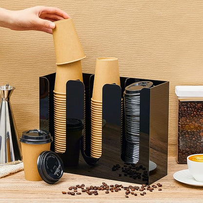 Mumufy 2 Pack 3 Compartments Acrylic Cup Storage Organizer, Disposable Paper Cup Dispenser, Coffee Lid Sleeve Holder for Countertop Restaurant Breakroom Coffee Station Bar Shop Party Supplies