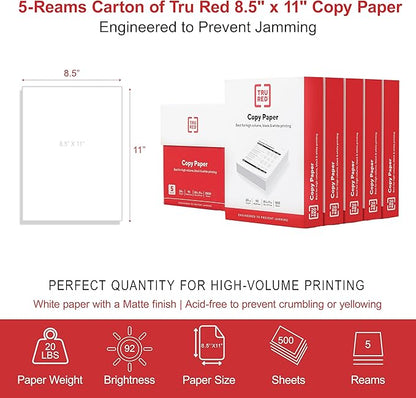 TRU RED Copy Paper, 8.5" x 11" Sheet Size, 92 Brightness, 20 lbs., Smooth Finish White Paper (500 Sheets/Ream, 5 Reams/Carton)