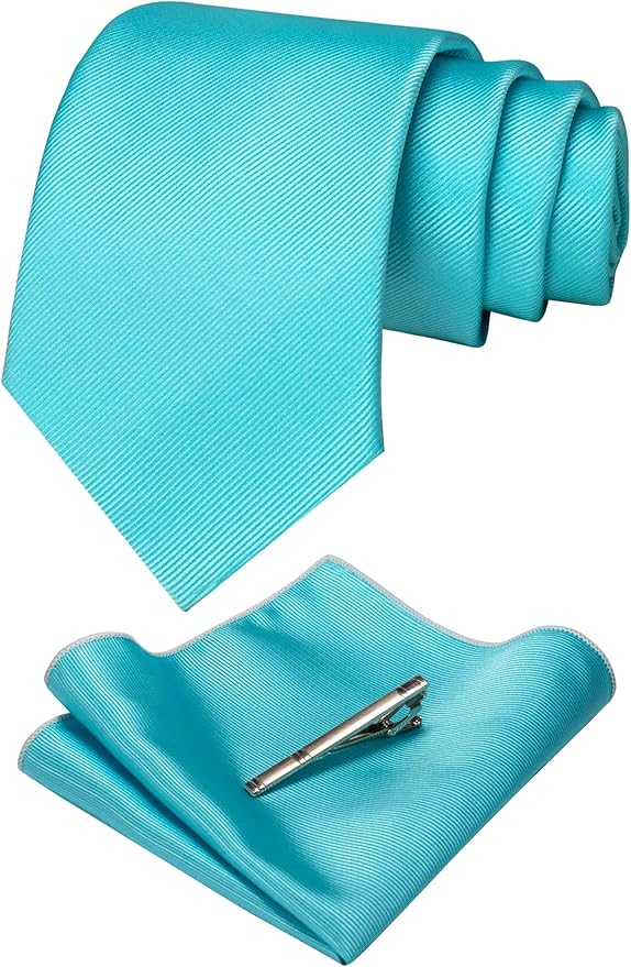 JEMYGINS Solid Color Formal Necktie and Pocket Square Tie Clip Sets for Men