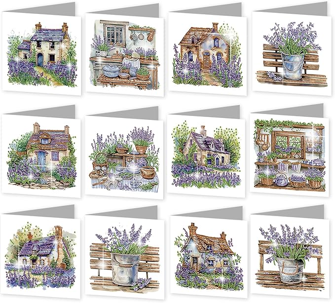 jinglinhh 12pcs Diamond Art Painting Lavender Flower House Bench Greeting Cards with Envelopes, DIY Card Making Kits for Adults, Diamond Art Postcards Christmas Cards Craft Gifts