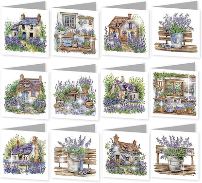 jinglinhh 12pcs Diamond Art Painting Lavender Flower House Bench Greeting Cards with Envelopes, DIY Card Making Kits for Adults, Diamond Art Postcards Christmas Cards Craft Gifts